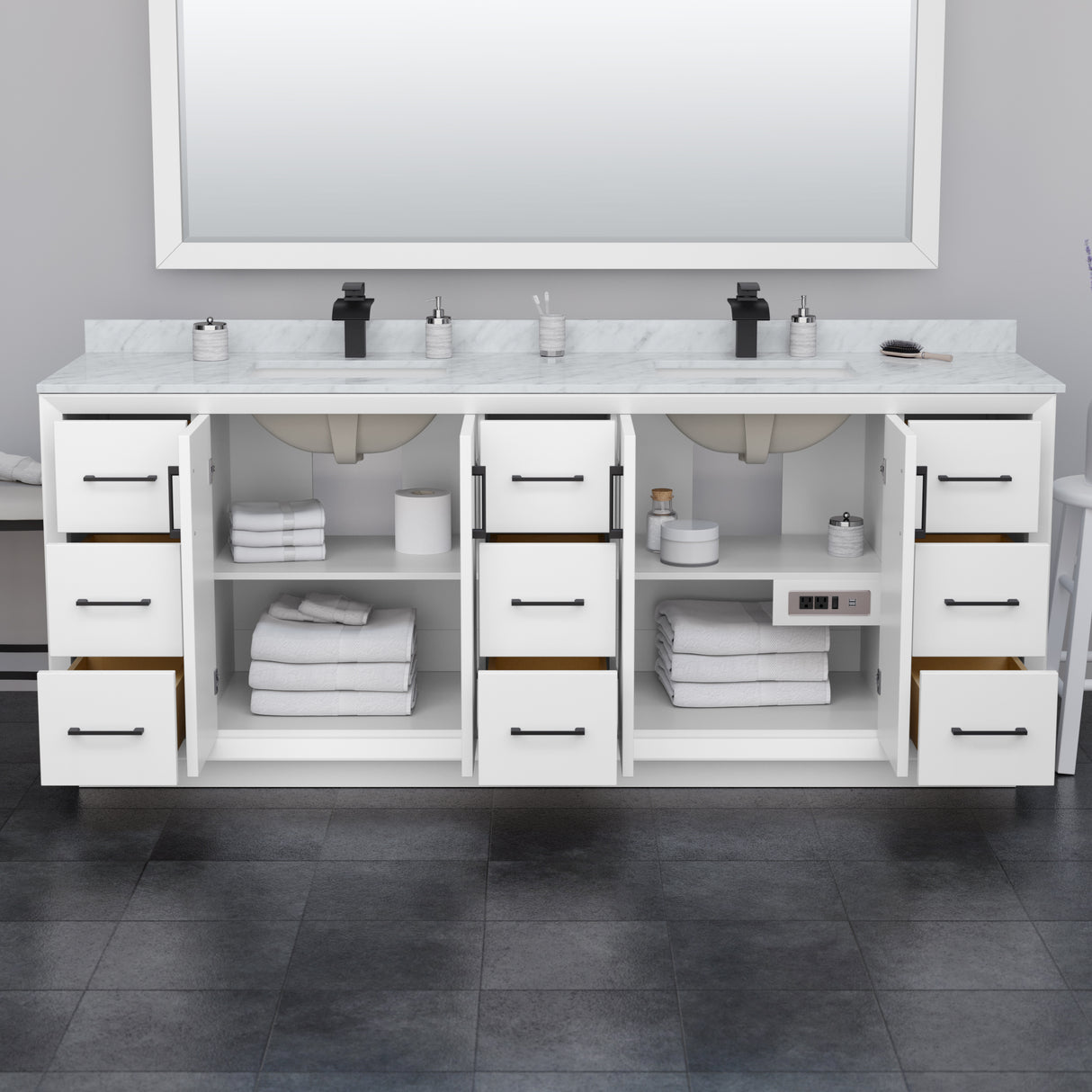 Strada 84 Inch Double Bathroom Vanity in White Carrara Cultured Marble Countertop Undermount Square Sink Satin Bronze Trim