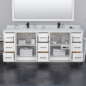 Strada 84 Inch Double Bathroom Vanity in White Carrara Cultured Marble Countertop Undermount Square Sink Satin Bronze Trim