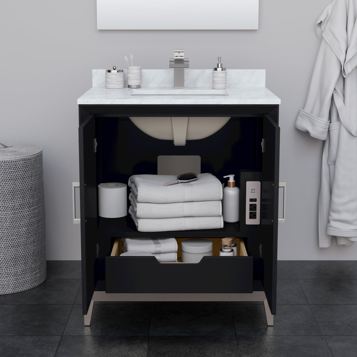 Marlena 30 Inch Single Bathroom Vanity in Black White Cultured Marble Countertop Undermount Square Sink Brushed Nickel Trim