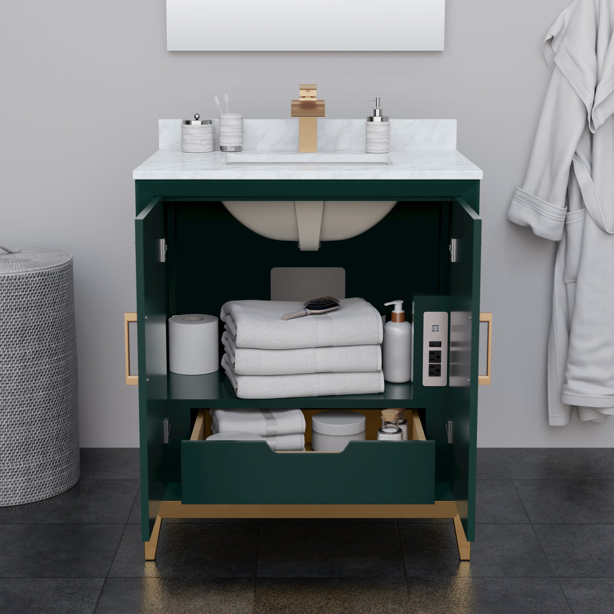 Marlena 30 Inch Single Bathroom Vanity in Green White Carrara Marble Countertop Undermount Square Sink Satin Bronze Trim