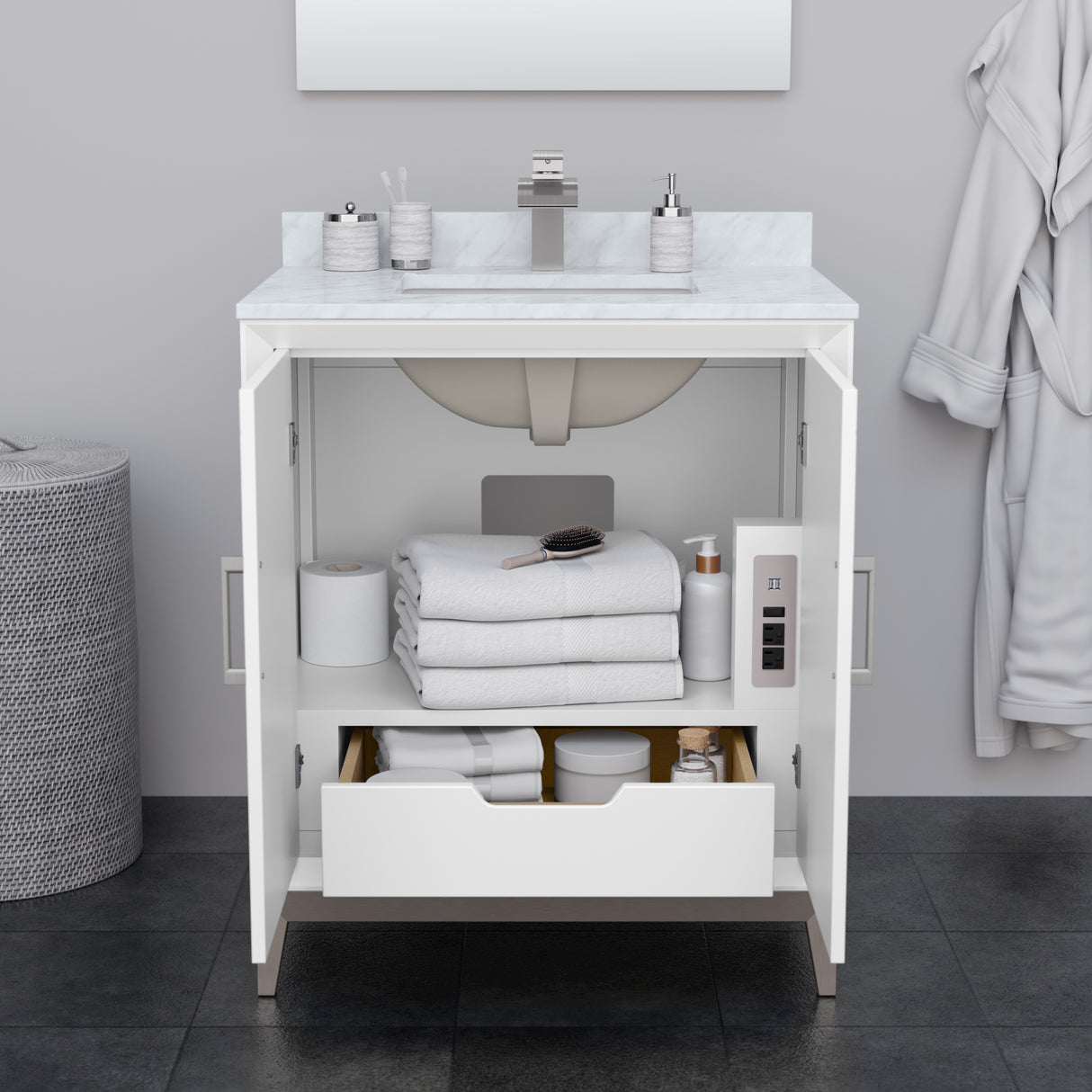 Marlena 30 Inch Single Bathroom Vanity in White White Carrara Marble Countertop Undermount Square Sink Brushed Nickel Trim