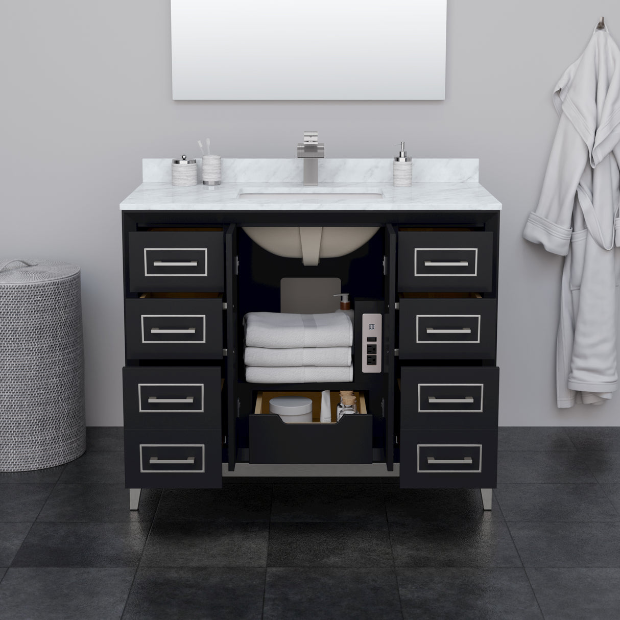 Marlena 42 Inch Single Bathroom Vanity in Black Carrara Cultured Marble Countertop Undermount Square Sink Brushed Nickel Trim