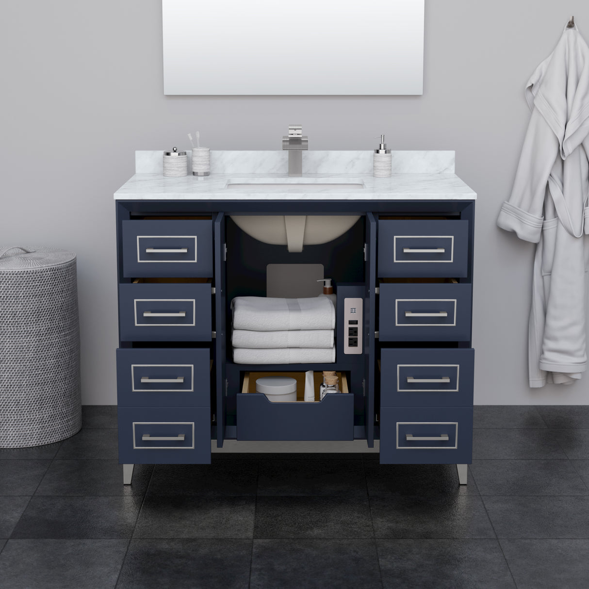 Marlena 42 Inch Single Bathroom Vanity in Dark Blue White Carrara Marble Countertop Undermount Square Sink Brushed Nickel Trim
