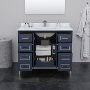 Marlena 42 Inch Single Bathroom Vanity in Dark Blue White Carrara Marble Countertop Undermount Square Sink Brushed Nickel Trim