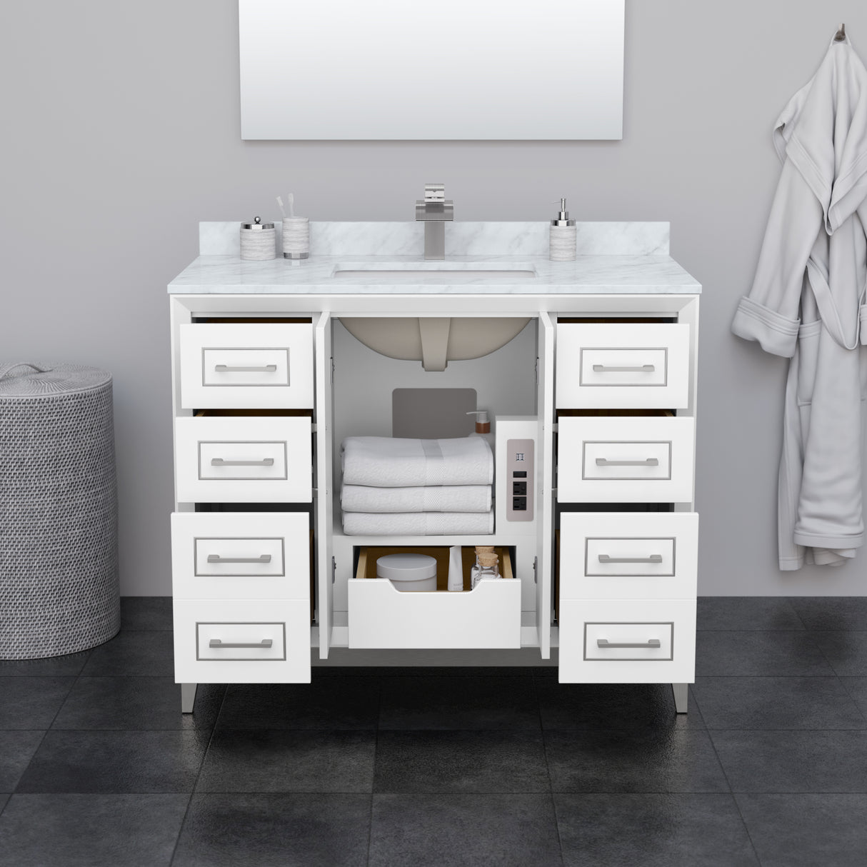 Marlena 42 Inch Single Bathroom Vanity in White White Carrara Marble Countertop Undermount Square Sink Brushed Nickel Trim