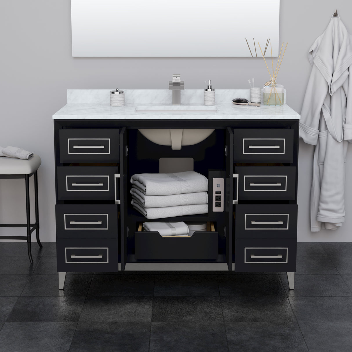 Marlena 48 Inch Single Bathroom Vanity in Black White Carrara Marble Countertop Undermount Square Sink Brushed Nickel Trim