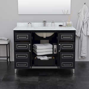 Marlena 48 Inch Single Bathroom Vanity in Black White Carrara Marble Countertop Undermount Square Sink Brushed Nickel Trim