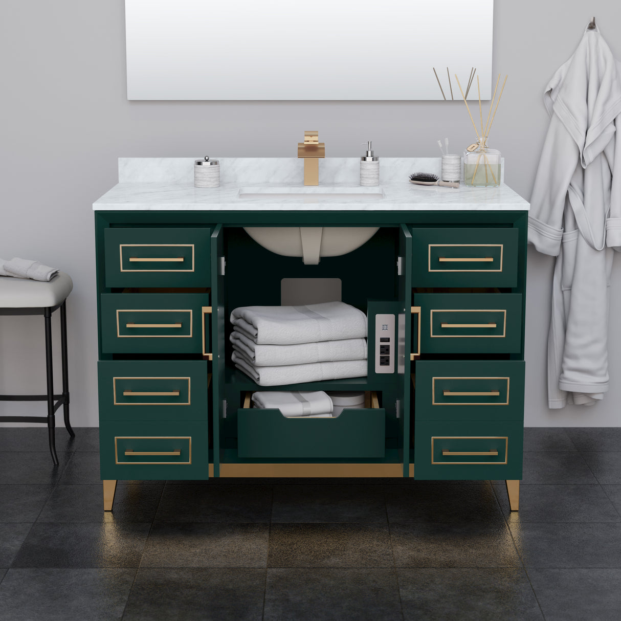 Marlena 48 Inch Single Bathroom Vanity in Green No Countertop No Sink Satin Bronze Trim