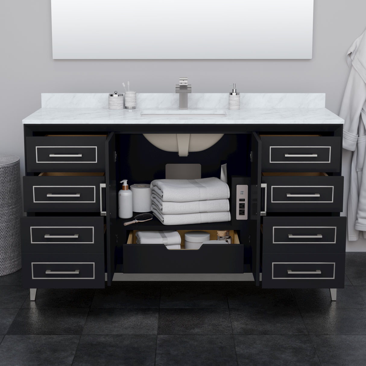 Marlena 60 Inch Single Bathroom Vanity in Black White Cultured Marble Countertop Undermount Square Sink Brushed Nickel Trim