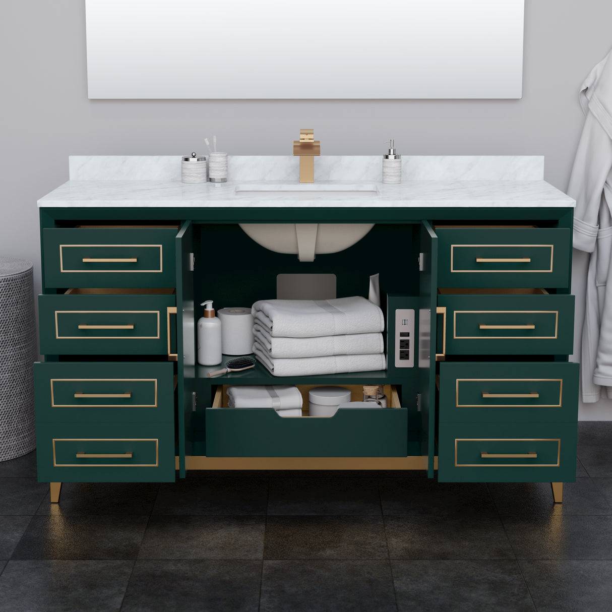 Marlena 60 Inch Single Bathroom Vanity in Green Carrara Cultured Marble Countertop Undermount Square Sink Satin Bronze Trim