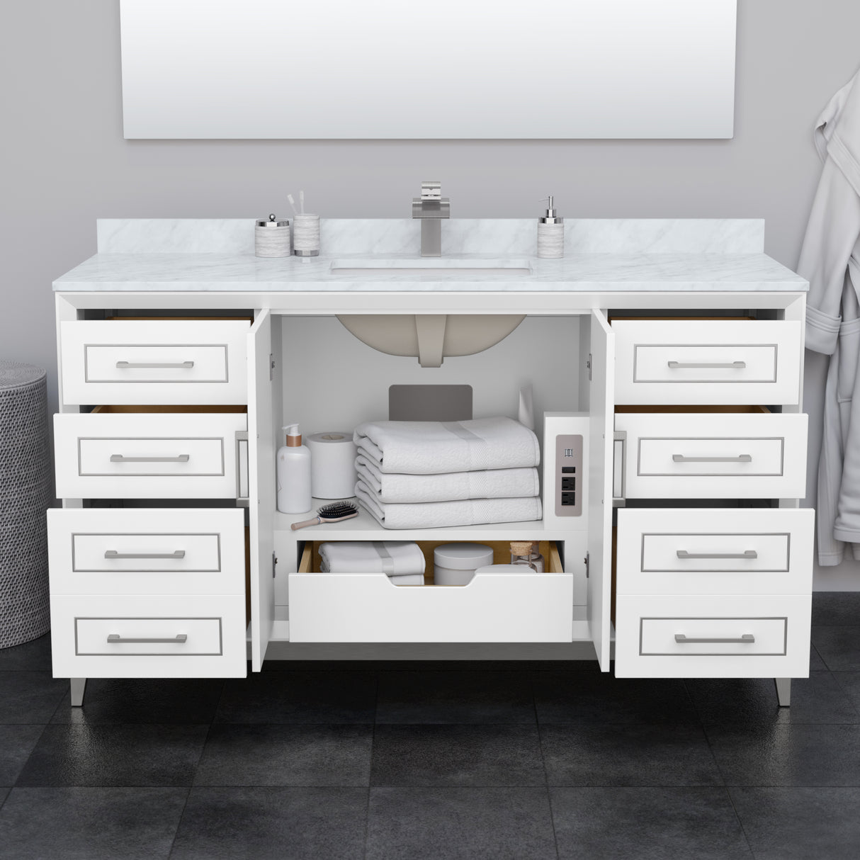 Marlena 60 Inch Single Bathroom Vanity in White Carrara Cultured Marble Countertop Undermount Square Sink Brushed Nickel Trim