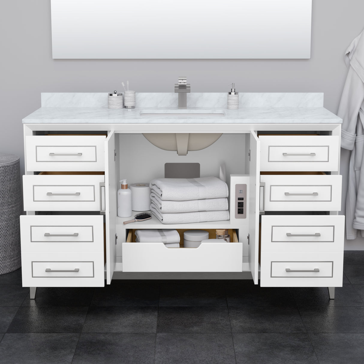 Marlena 60 Inch Single Bathroom Vanity in White Carrara Cultured Marble Countertop Undermount Square Sink Satin Bronze Trim