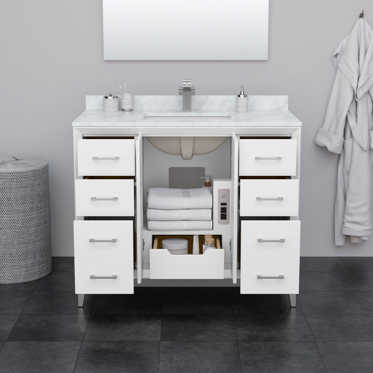 Amici 42 Inch Single Bathroom Vanity in White White Carrara Marble Countertop Undermount Square Sink Satin Bronze Trim