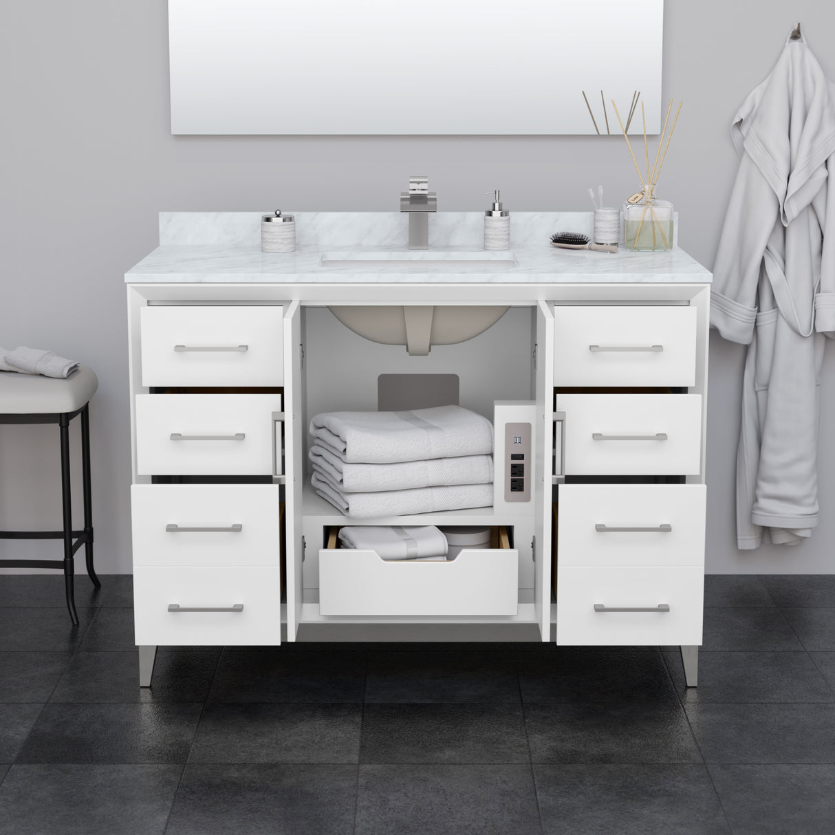 Amici 48 Inch Single Bathroom Vanity in White Carrara Cultured Marble Countertop Undermount Square Sink Satin Bronze Trim