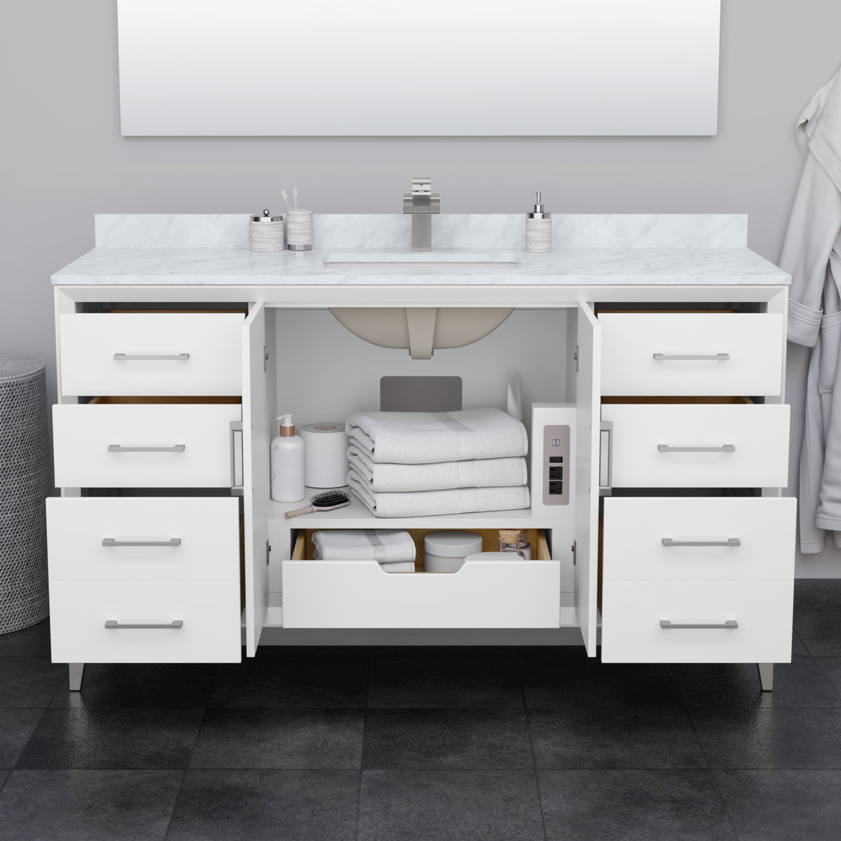 Amici 60 Inch Single Bathroom Vanity in White White Cultured Marble Countertop Undermount Square Sink Brushed Nickel Trim