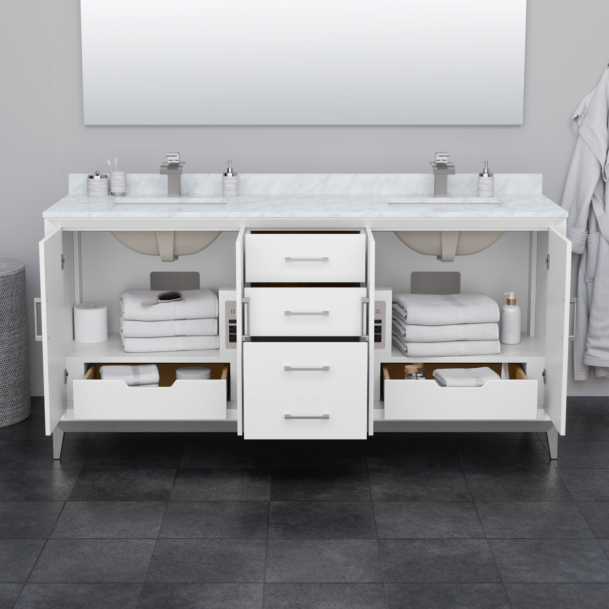 Amici 72 Inch Double Bathroom Vanity in White No Countertop No Sink Brushed Nickel Trim