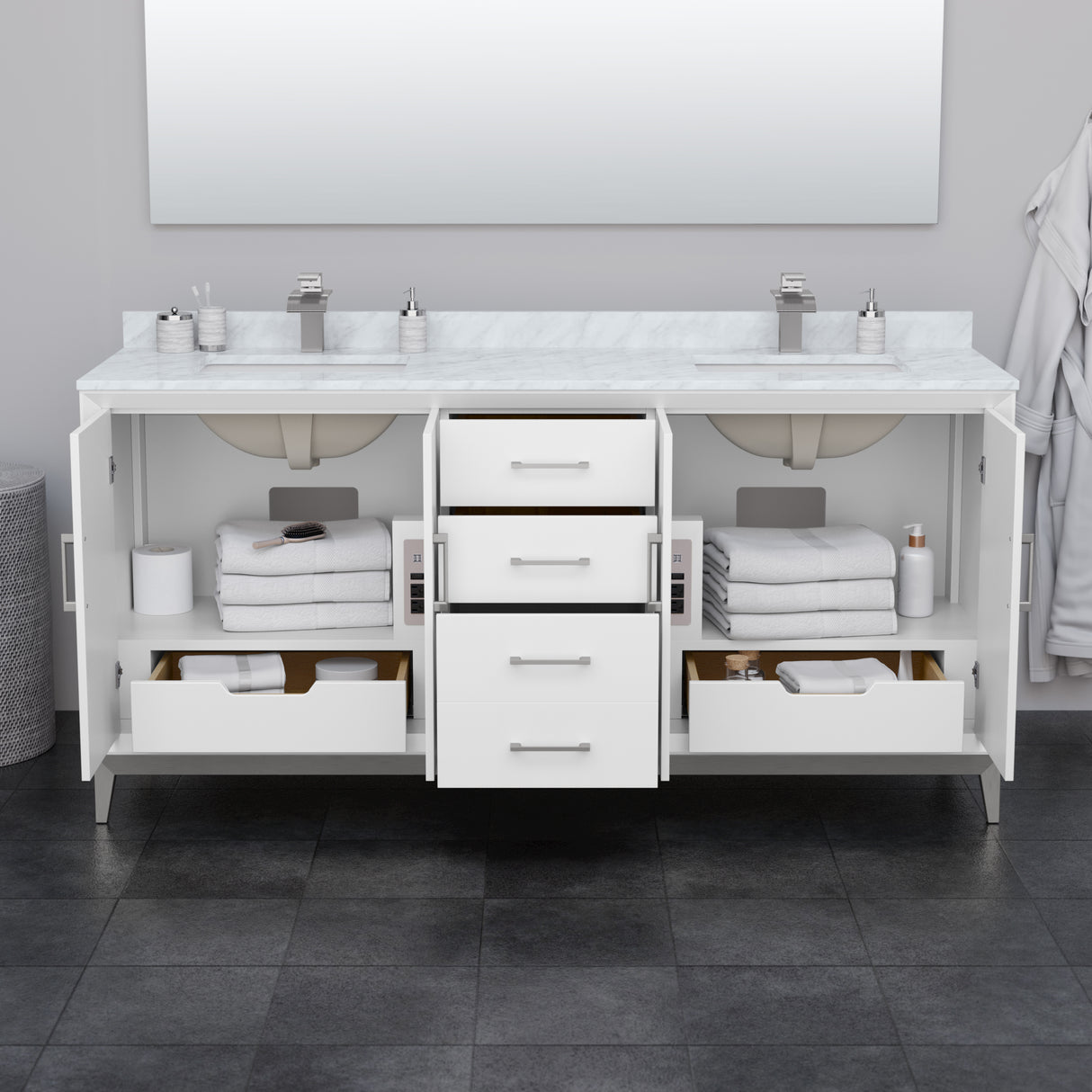 Amici 72 Inch Double Bathroom Vanity in White No Countertop No Sink Matte Black Trim