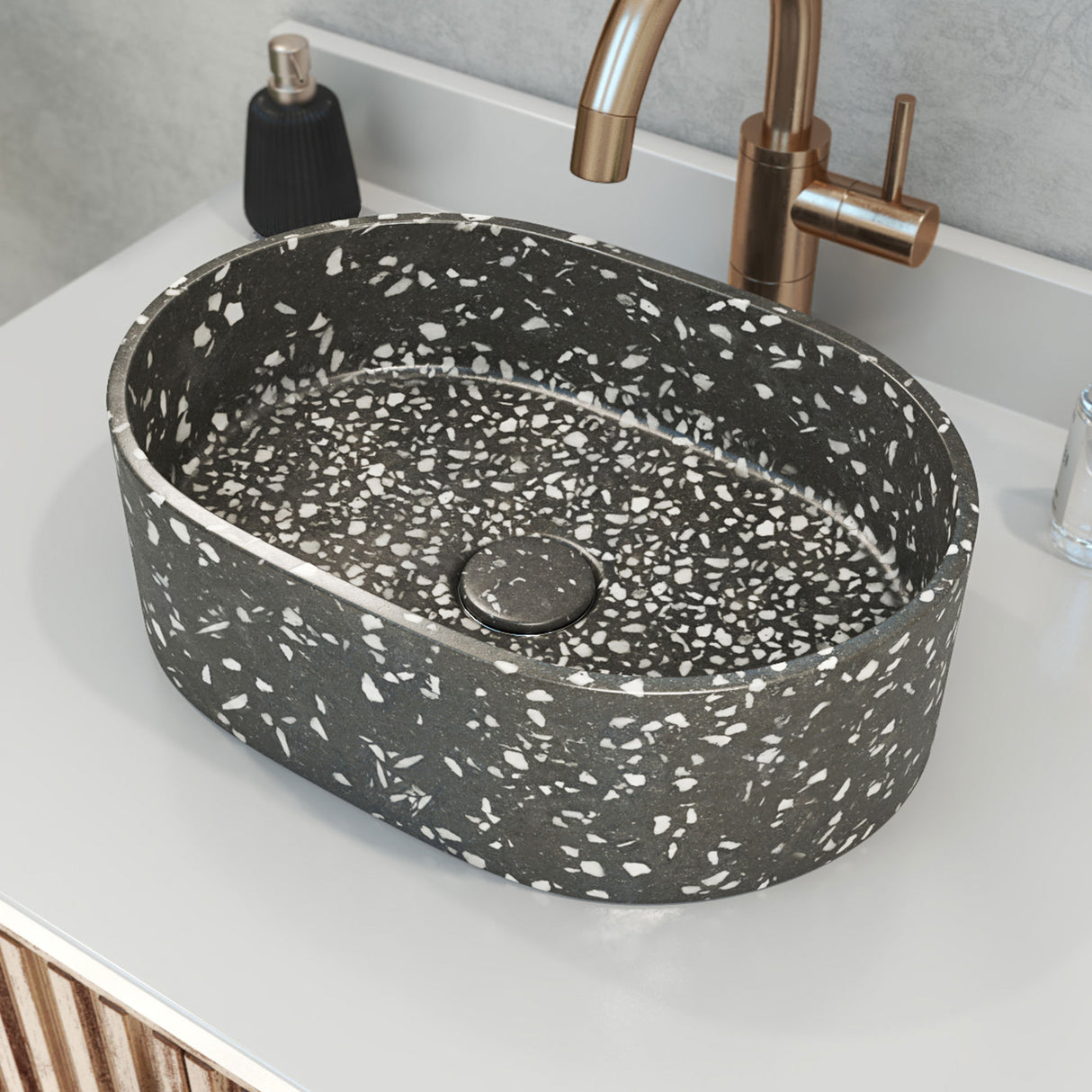 Ambia Oblong Terrazzo Vessel Sink in Dark Grey