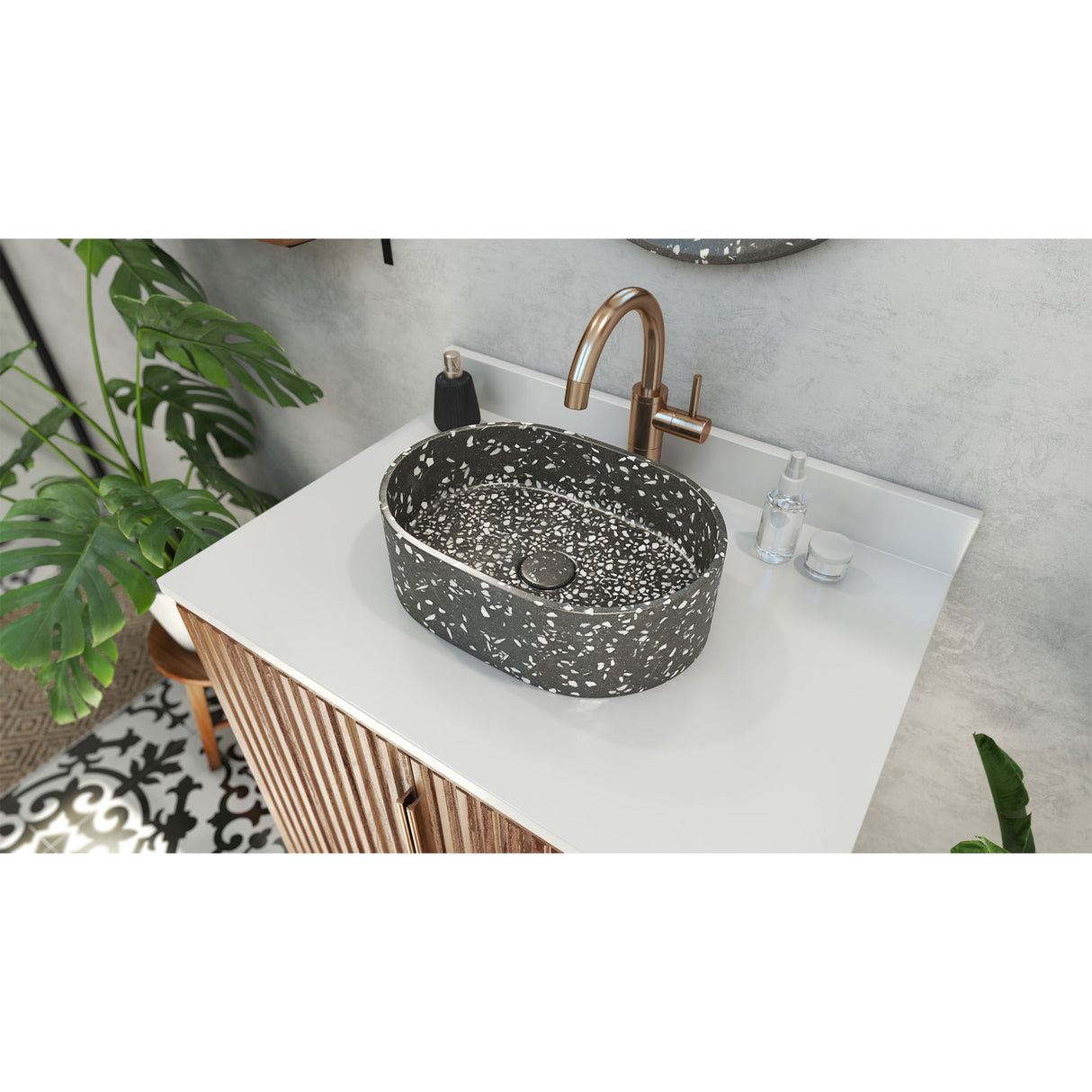 Ambia Oblong Terrazzo Vessel Sink in Dark Grey