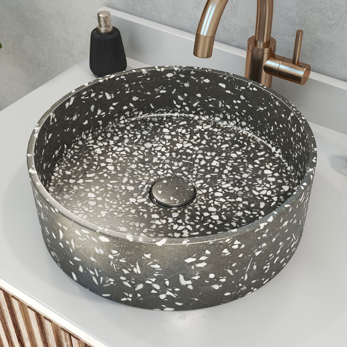 Ambia Round Terrazzo Vessel Sink in Dark Grey