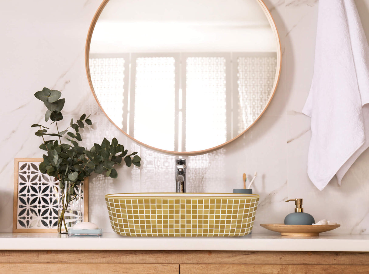 Ruvati 15 x 15 inch Bathroom Vessel Sink Gold Decorative Pattern Above Vanity Counter White Porcelain Ceramic - RVB1515WG4