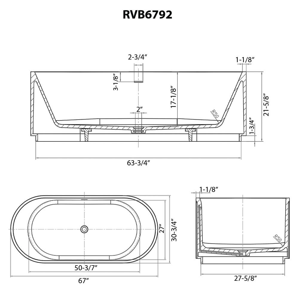 Ruvati 67-inch Fluted Freestanding Soaking Bathtub epiStone Solid Surface Modern Matte White - RVB6792WH