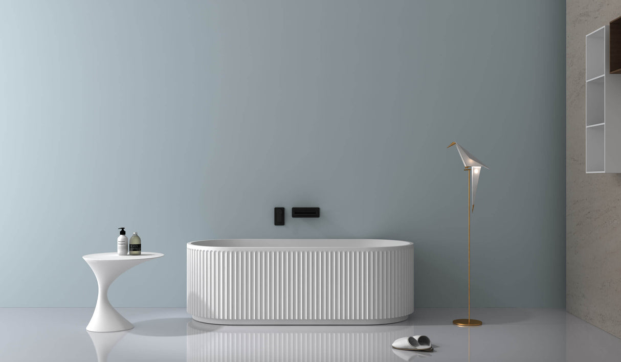 Ruvati 67-inch Fluted Freestanding Soaking Bathtub epiStone Solid Surface Modern Matte White - RVB6792WH