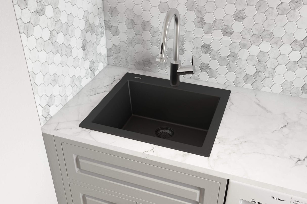 Ruvati 22 x 20 inch epiGranite Drop-in Topmount Granite Composite Single Bowl Kitchen Sink - Midnight Black - RVG1022BK