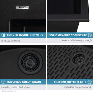 Ruvati 27 x 20 inch Drop-in Topmount Granite Composite Single Bowl Kitchen Sink - Midnight Black - RVG1027BK