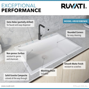 Ruvati 30 x 20 inch epiGranite Drop-in Topmount Granite Composite Single Bowl Kitchen Sink - Arctic White - RVG1030WH
