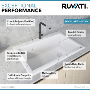 Ruvati 33 x 22 inch epiGranite Drop-in Topmount Granite Composite Single Bowl Kitchen Sink - Arctic White - RVG1033WH