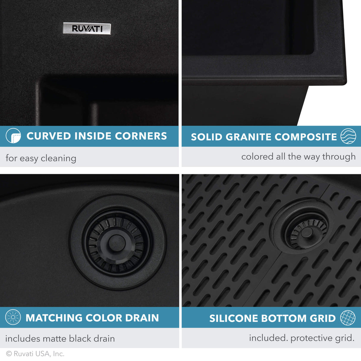 Ruvati 33 x 22 inch epiGranite Drop-in Topmount Granite Composite Single Bowl Kitchen Sink - Midnight Black - RVG1080BK