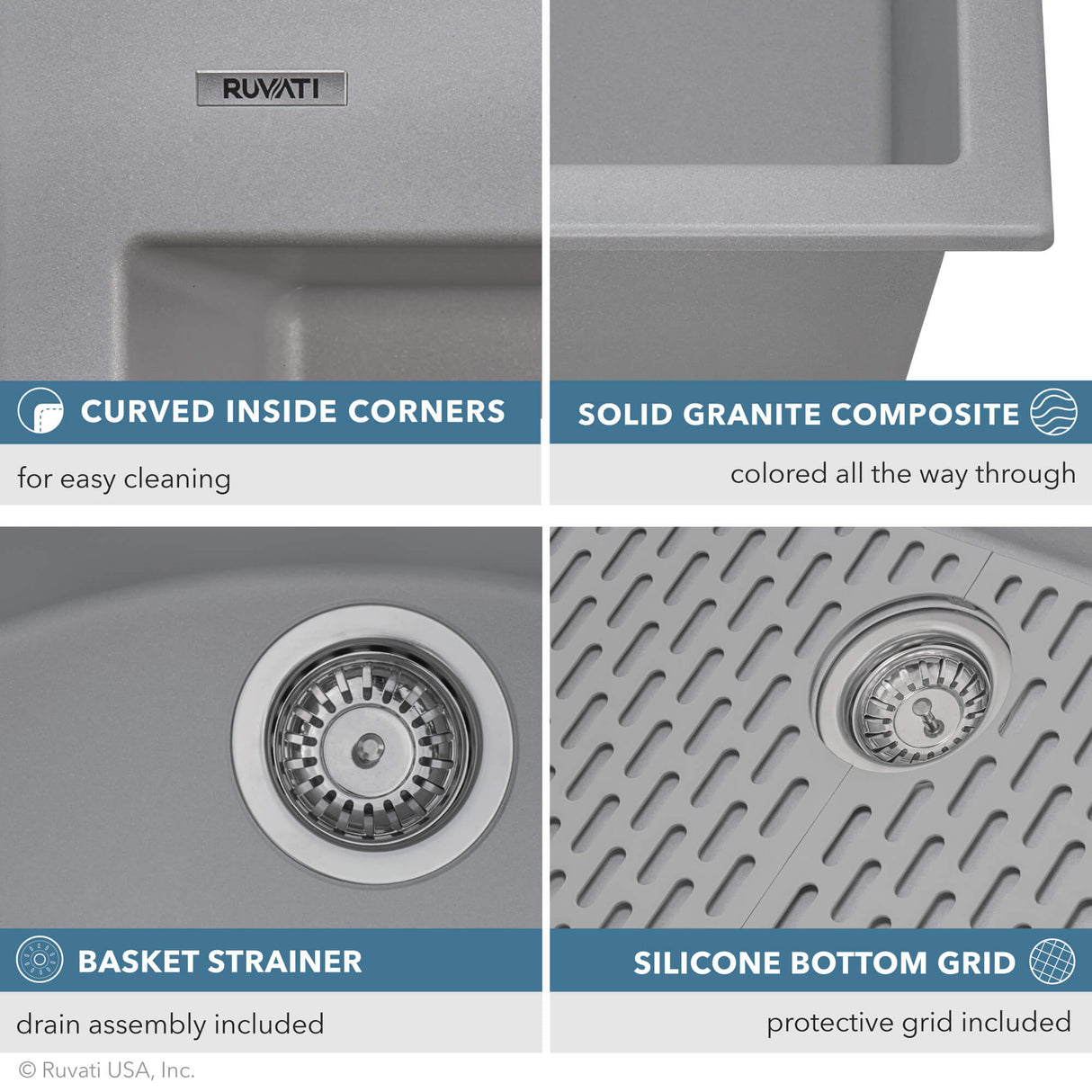 Ruvati 33 x 22 inch epiGranite Drop-in Topmount Granite Composite Single Bowl Kitchen Sink - Silver Gray - RVG1080GR