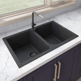 Ruvati 34 x 20 inch epiGranite Dual-Mount Granite Composite Double Bowl Kitchen Sink - Midnight Black - RVG1319BK