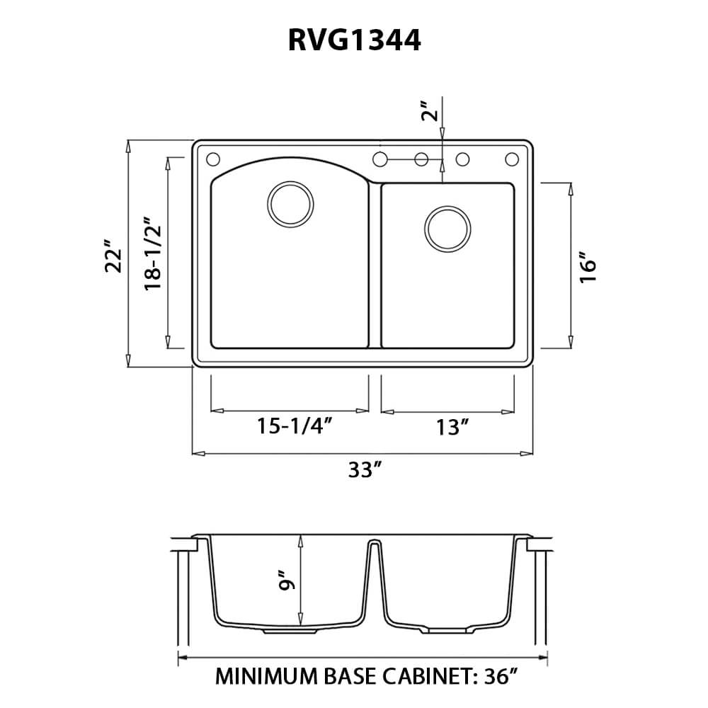 Ruvati 33 x 22 inch epiGranite Dual-Mount Granite Composite Double Bowl Kitchen Sink - Midnight Black - RVG1344BK