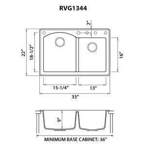 Ruvati 33 x 22 inch epiGranite Dual-Mount Granite Composite Double Bowl Kitchen Sink - Midnight Black - RVG1344BK