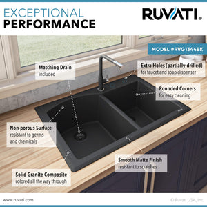 Ruvati 33 x 22 inch epiGranite Dual-Mount Granite Composite Double Bowl Kitchen Sink - Midnight Black - RVG1344BK