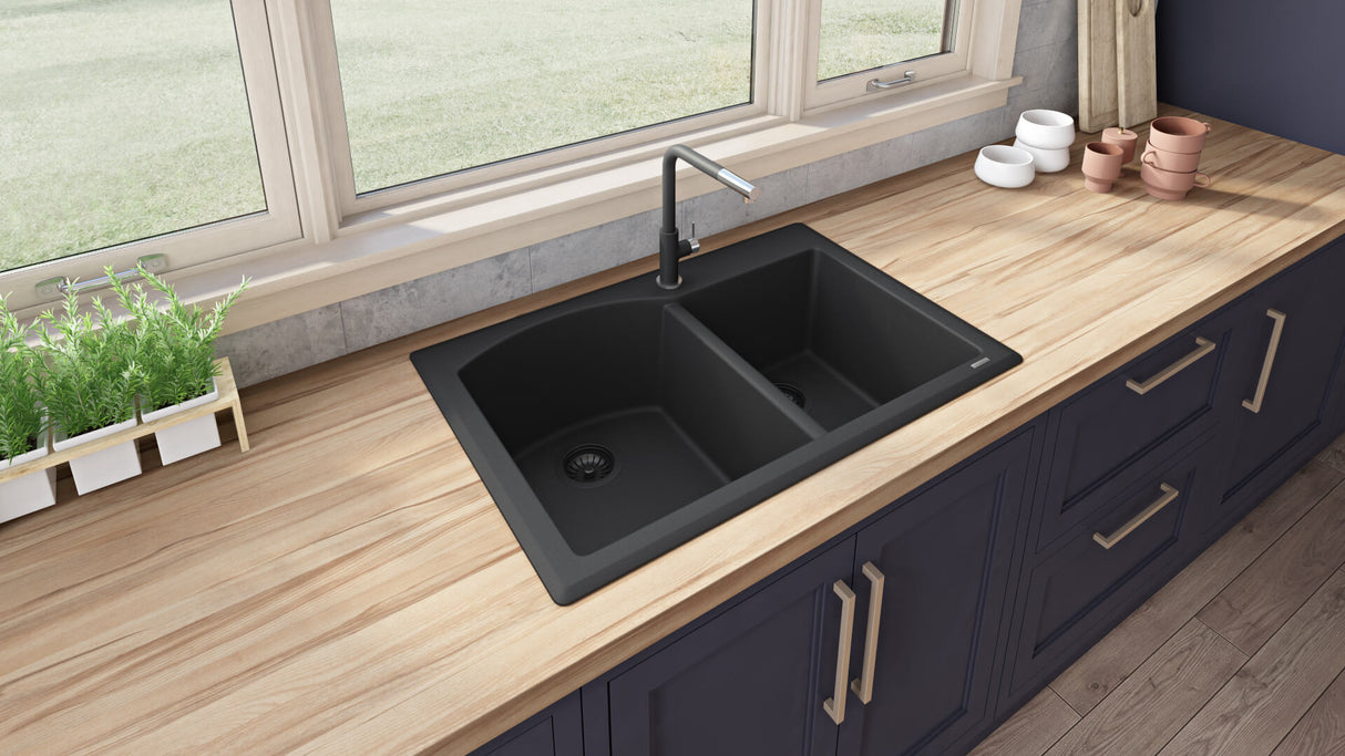 Ruvati 33 x 22 inch epiGranite Dual-Mount Granite Composite Double Bowl Kitchen Sink - Midnight Black - RVG1344BK