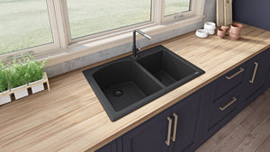Ruvati 33 x 22 inch epiGranite Dual-Mount Granite Composite Double Bowl Kitchen Sink - Midnight Black - RVG1344BK