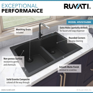 Ruvati 33 x 22 inch epiGranite Drop-in Topmount Granite Composite Double Bowl Kitchen Sink - Midnight Black - RVG1345BK