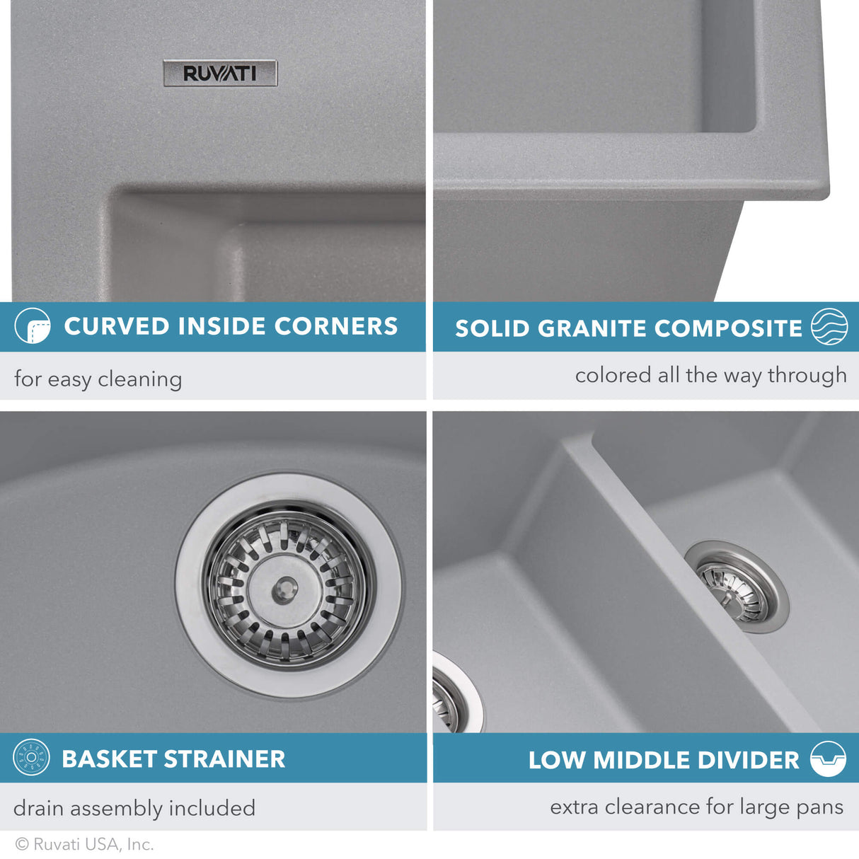 Ruvati 33 x 22 inch epiGranite Drop-in Topmount Granite Composite Double Bowl Kitchen Sink - Silver Gray - RVG1345GR