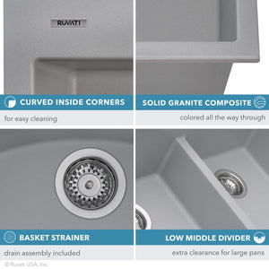 Ruvati 33 x 22 inch epiGranite Drop-in Topmount Granite Composite Double Bowl Kitchen Sink - Silver Gray - RVG1345GR