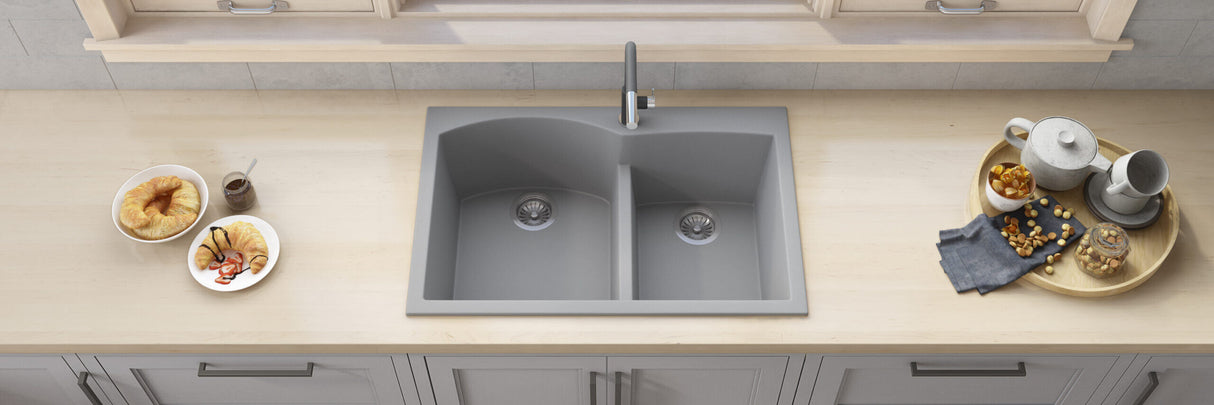 Ruvati 33 x 22 inch epiGranite Drop-in Topmount Granite Composite Double Bowl Kitchen Sink - Silver Gray - RVG1345GR