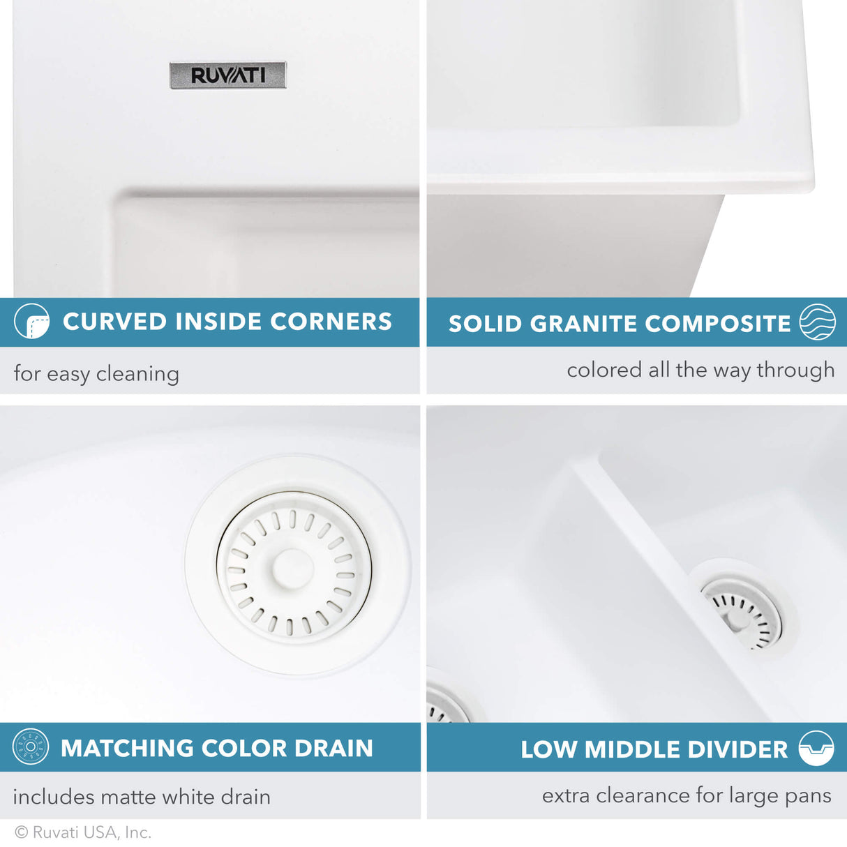 Ruvati 33 x 22 inch epiGranite Drop-in Topmount Granite Composite Double Bowl Kitchen Sink - White - RVG1345WH