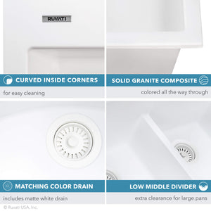 Ruvati 33 x 22 inch epiGranite Drop-in Topmount Granite Composite Double Bowl Kitchen Sink - White - RVG1345WH