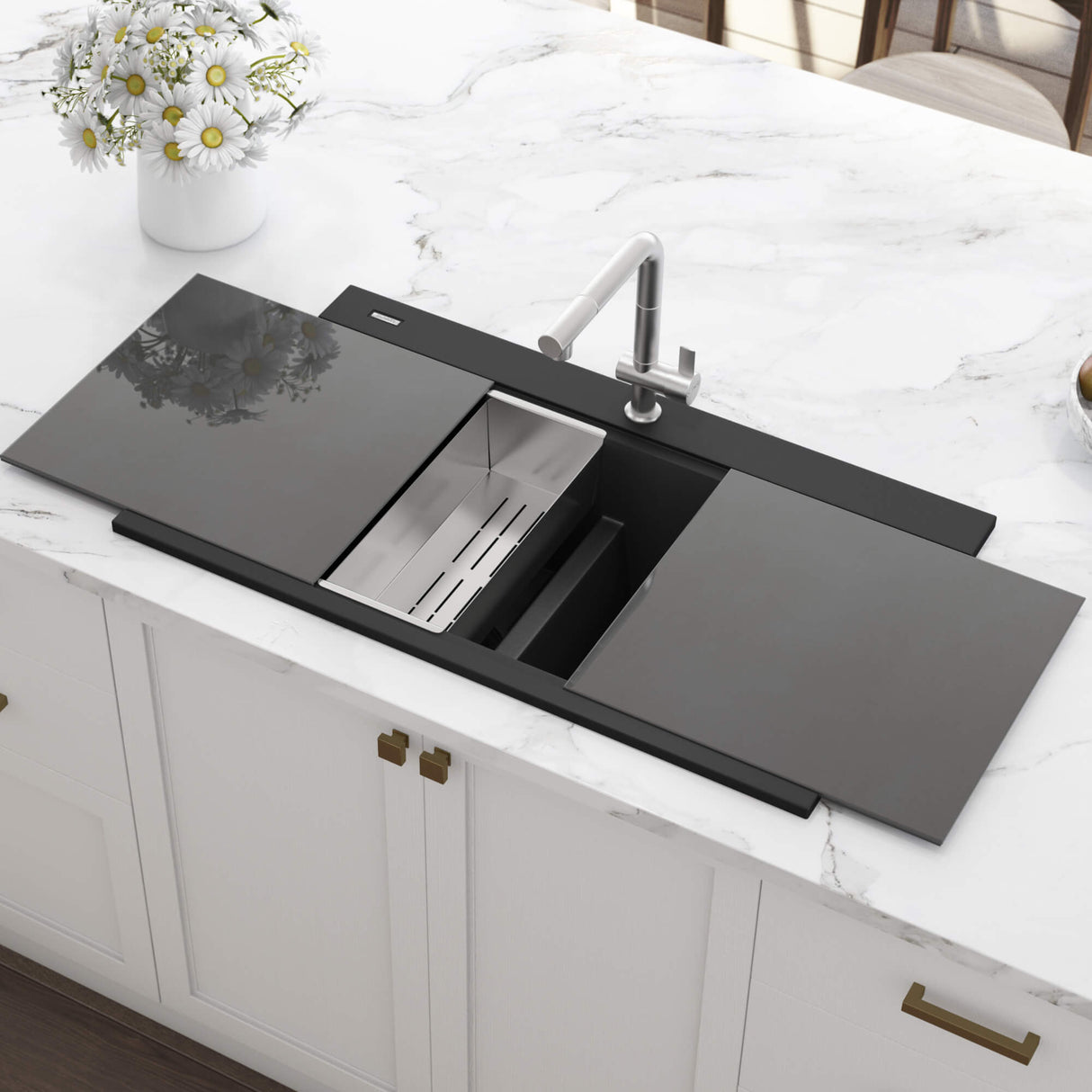 Ruvati 34 inch epiGranite Topmount Workstation Ledge Granite Composite Kitchen Sink - Midnight Black - RVG1350BK