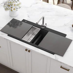 Ruvati 34 inch epiGranite Topmount Workstation Ledge Granite Composite Kitchen Sink - Midnight Black - RVG1350BK
