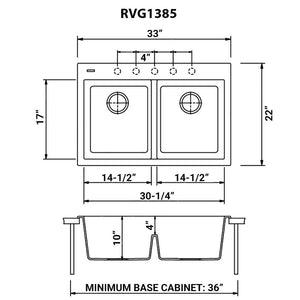 Ruvati 33 x 22 inch epiGranite Drop-in TopMount Granite Composite Double Bowl Low Divide Kitchen Sink - Midnight Black - RVG1385BK