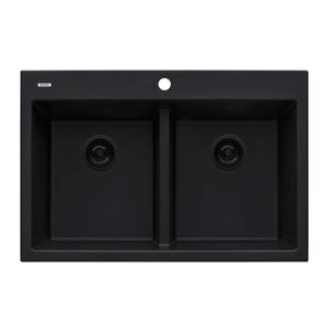 Ruvati 33 x 22 inch epiGranite Drop-in TopMount Granite Composite Double Bowl Low Divide Kitchen Sink - Midnight Black - RVG1385BK