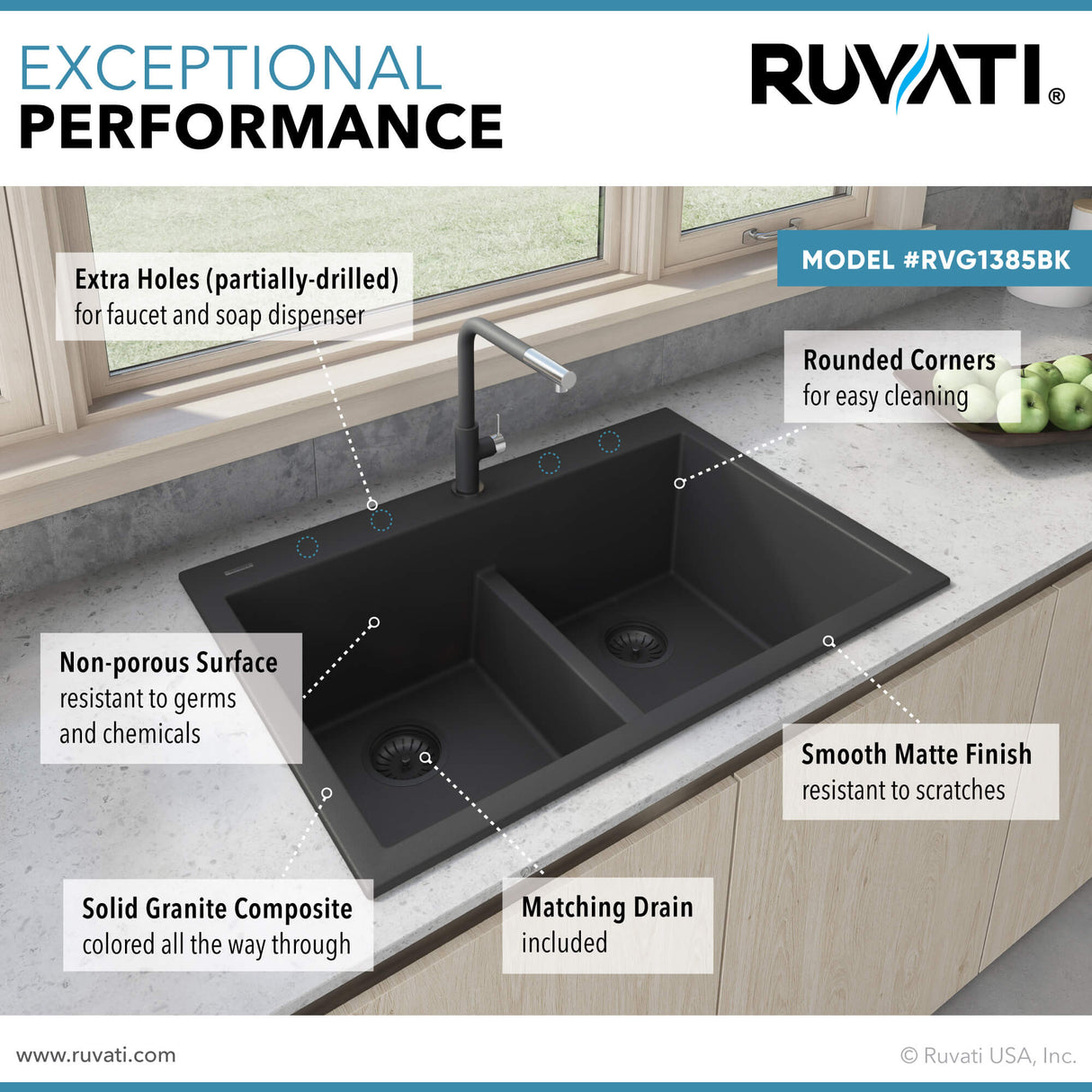 Ruvati 33 x 22 inch epiGranite Drop-in TopMount Granite Composite Double Bowl Low Divide Kitchen Sink - Midnight Black - RVG1385BK
